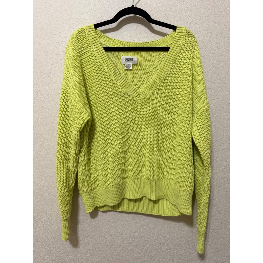 PINK Victoria's Secret V-Neck Knit Sweater Neon‎ Green Women's Large Pullover